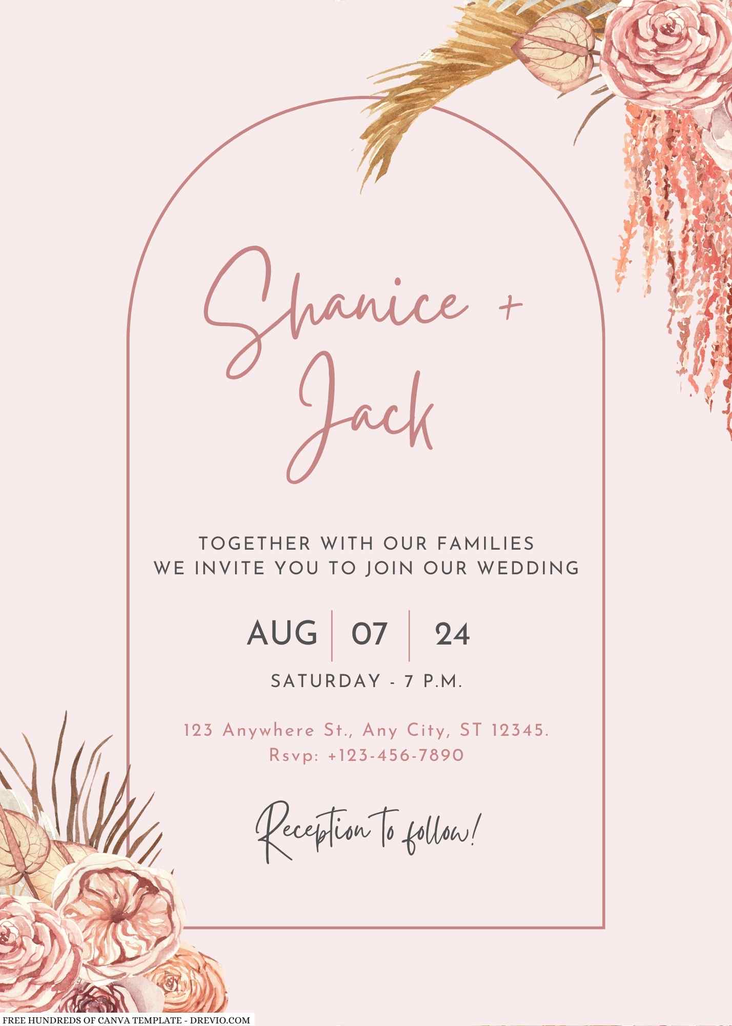 Watercolor Dried Floral Wedding Invitation l Editable Canva Template