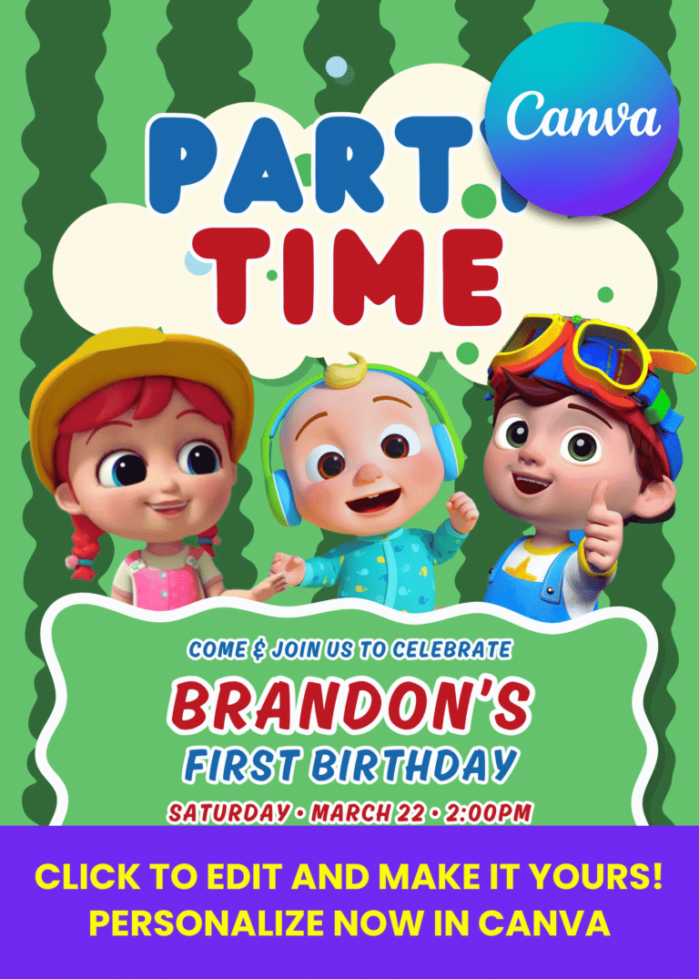 Free Editable Canva - Cocomelon Birthday Invitation Templates - Instant Download