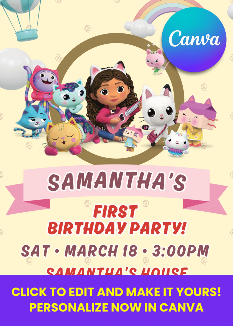 Free Editable Canva Gabby Dollhouse Birthday Invitation