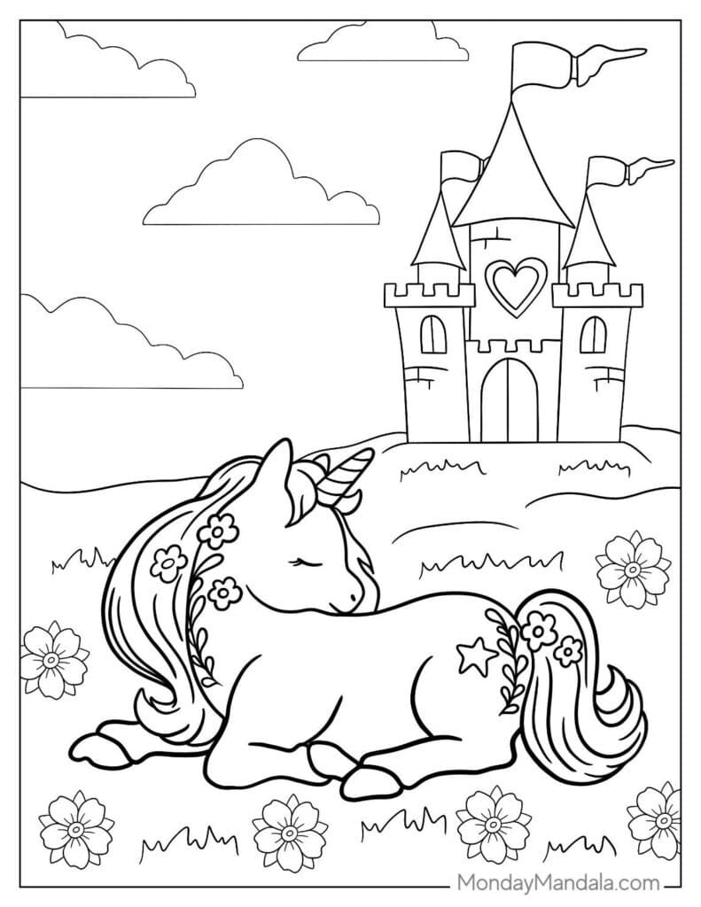 Unicorn and Princess Castle Coloring Pages Templates