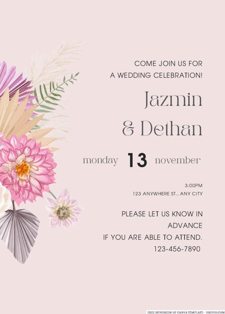 Dry Pink Floral Watercolor Wedding Invitations 