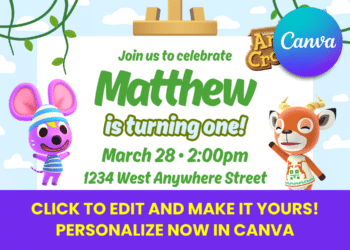 Free Editable Canva Animal Crossing Birthday Party Invitations with Isabelle and friend