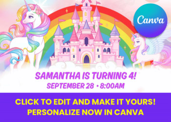 Free Editable Canva Rainbow and Unicorn birthday party invitation templates