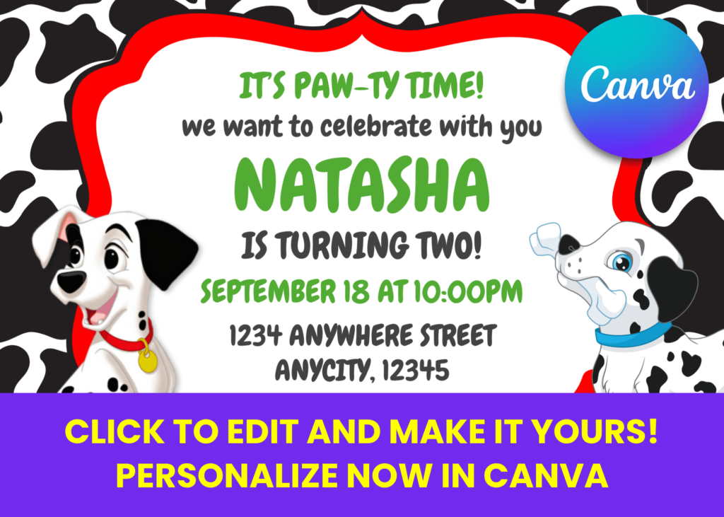 Free Editable Canva 101 Dalmatians Birthday Party Invitations