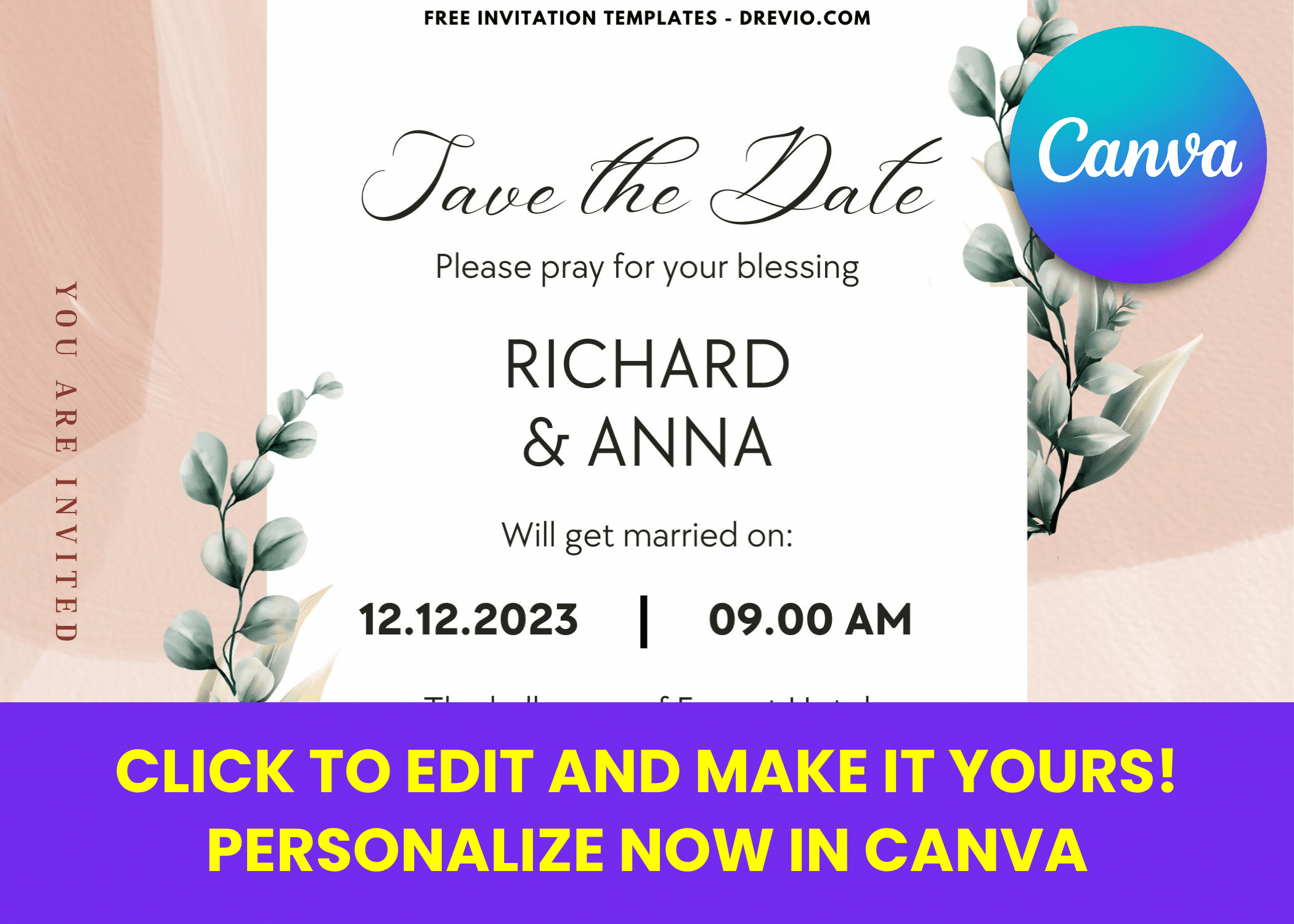 Botanical Eucalyptus Wedding Invitations | Editable Canva Template