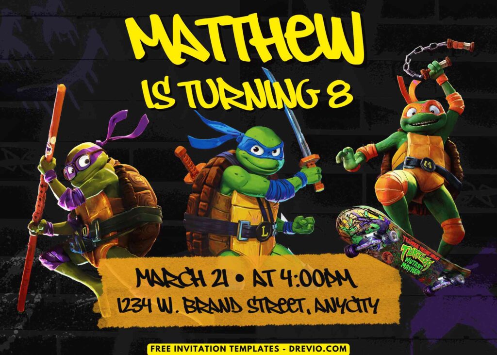 Free and Editable Leonardo Raphael Donatello TMNT Birthday Invitation Templates Made in Canva. Customize Online for free