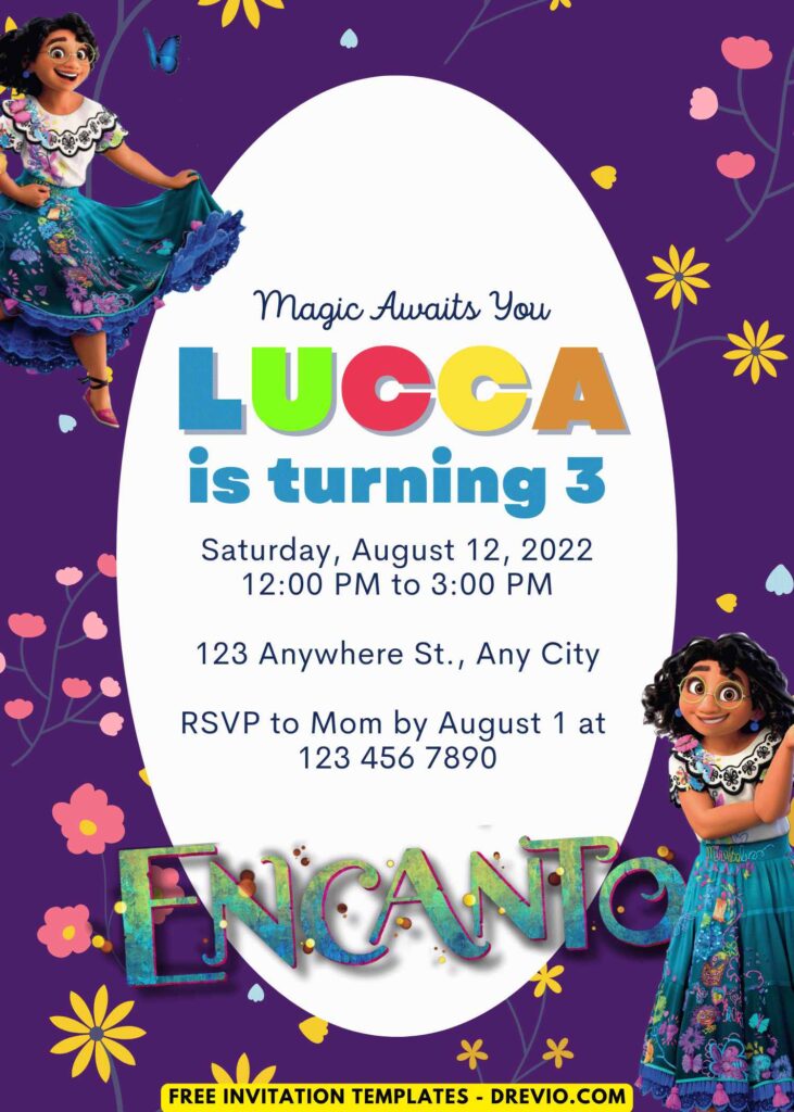 Free and Editable Festive Disney Encanto Birthday Invitation Templates Made in Canva. Customize Online for free