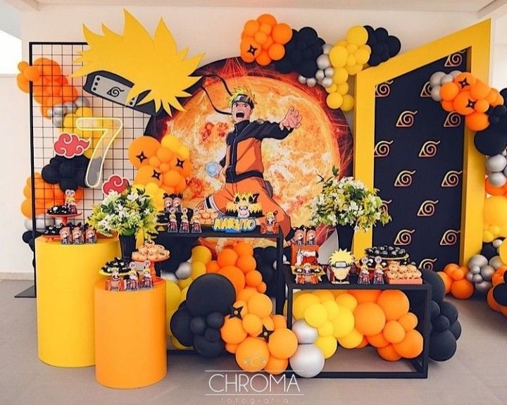 Colorful Awesome Black and Yellow Naruto Inspired Balloon Garland, Party Backdrop, Character Cutouts and Poster Decoration