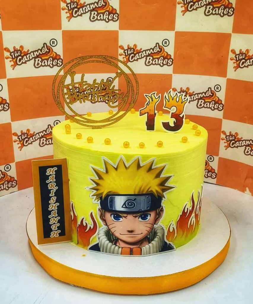 Awesome Naruto Birthday Cake with yellow fondant and custom printed Naruto cake topper
