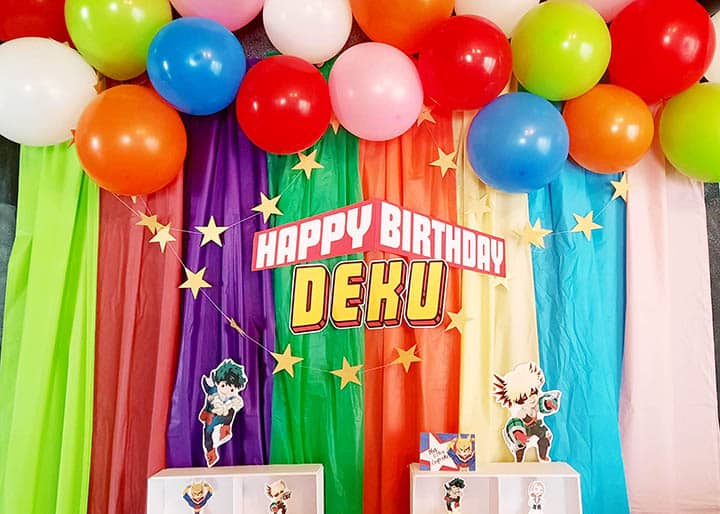 My Hero Academia Themed Party Decor with colorful Rainbow party backdrop and Balloon garland