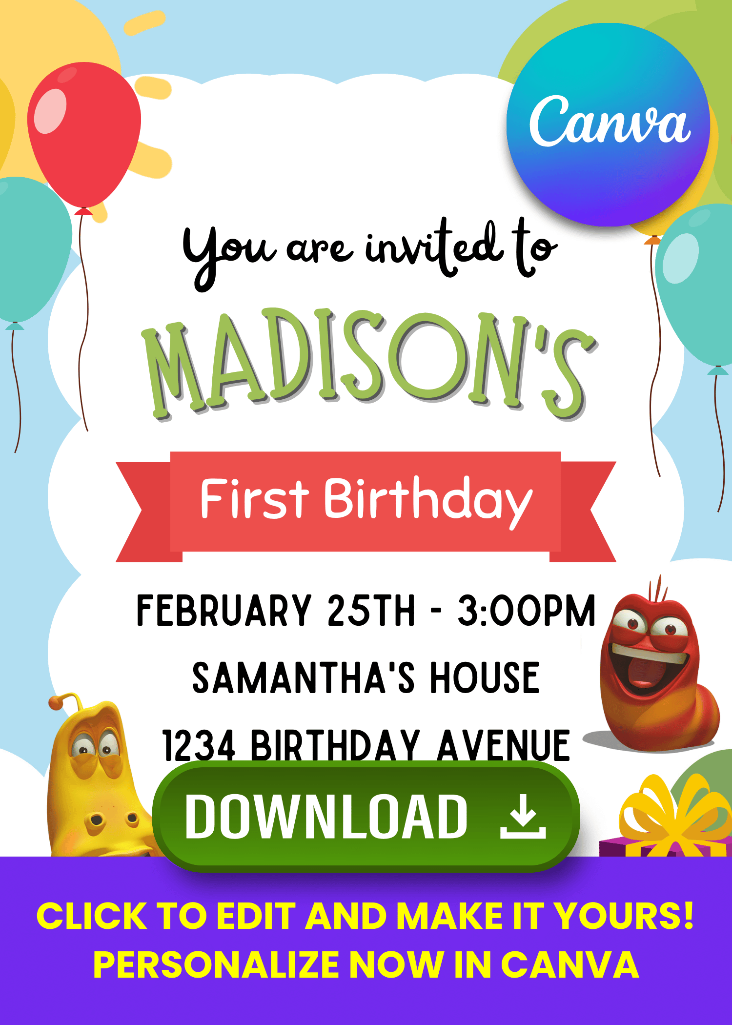 Free Editable Canva | Larva Island Birthday Invitation | Instant Download