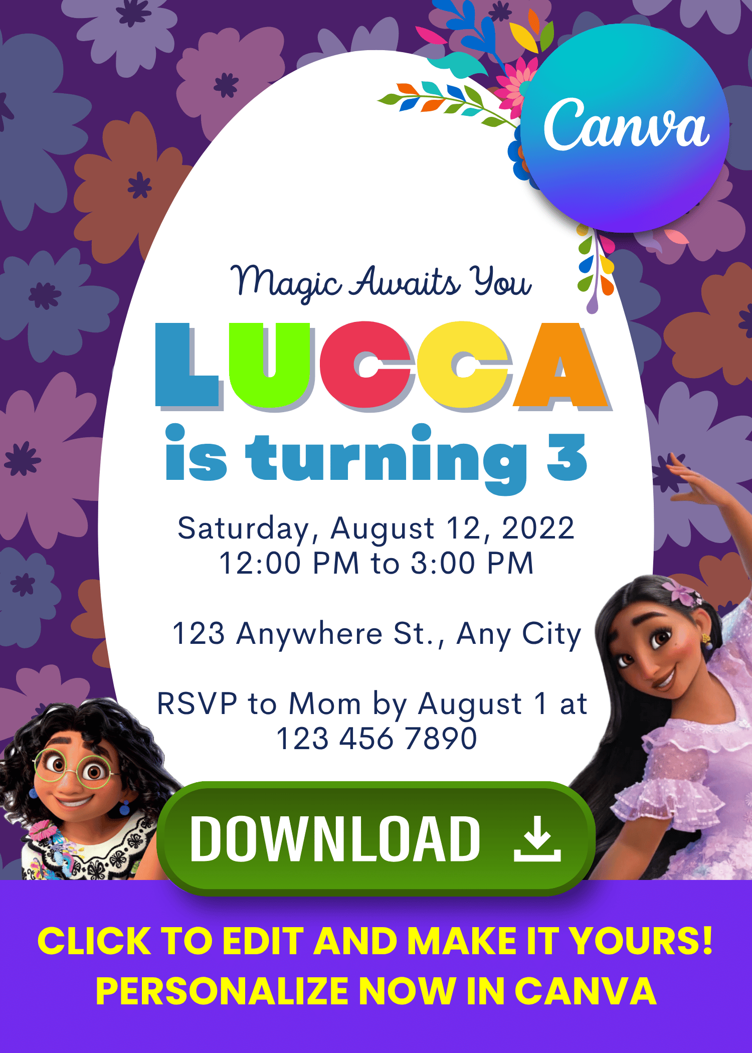 Free Editable Canva | Disney Encanto Mirabel Madrigal Birthday Invitation | Instant Download