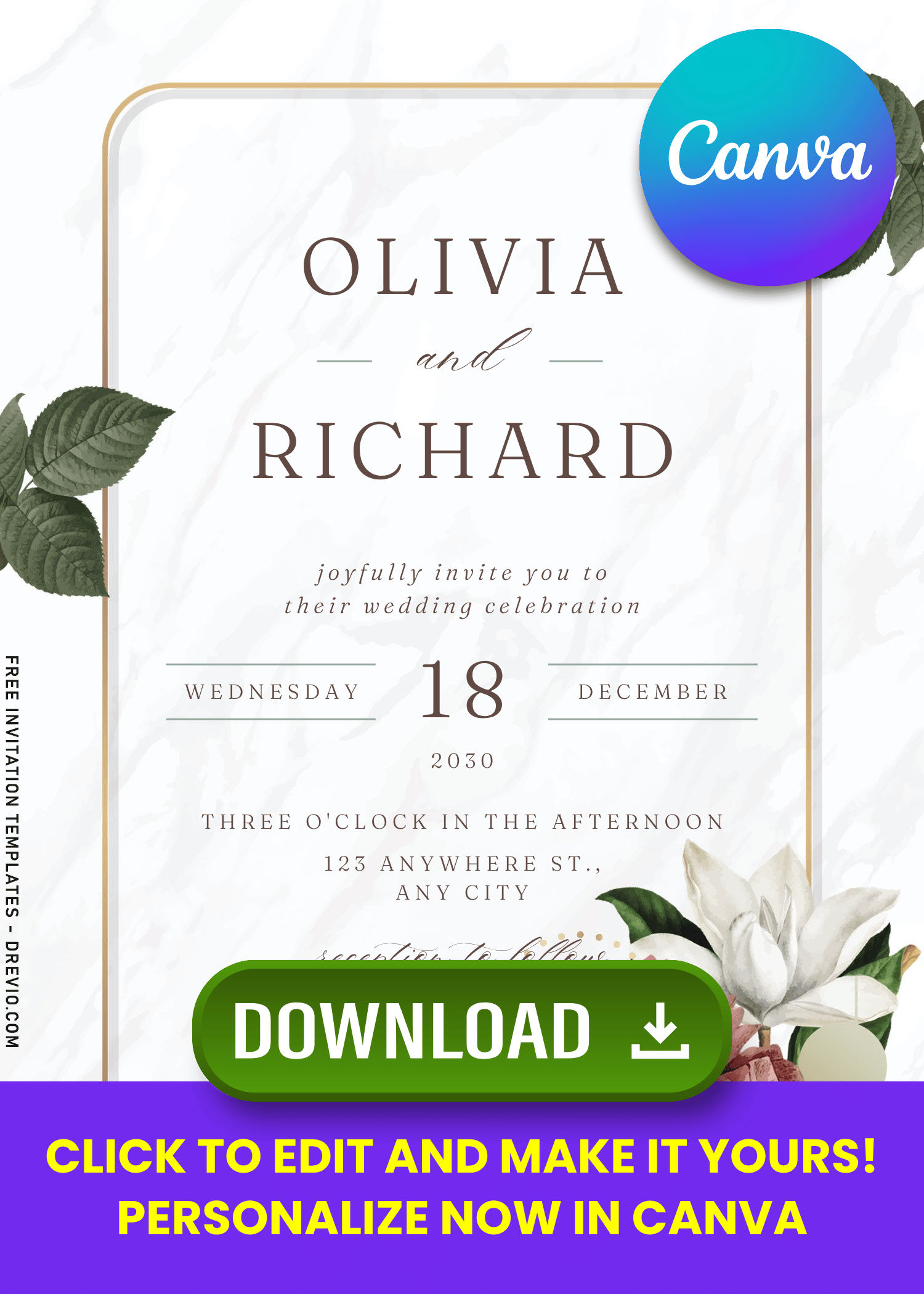 Free Printable Watercolor Lily and Peony Wedding Invitation | Instant Download