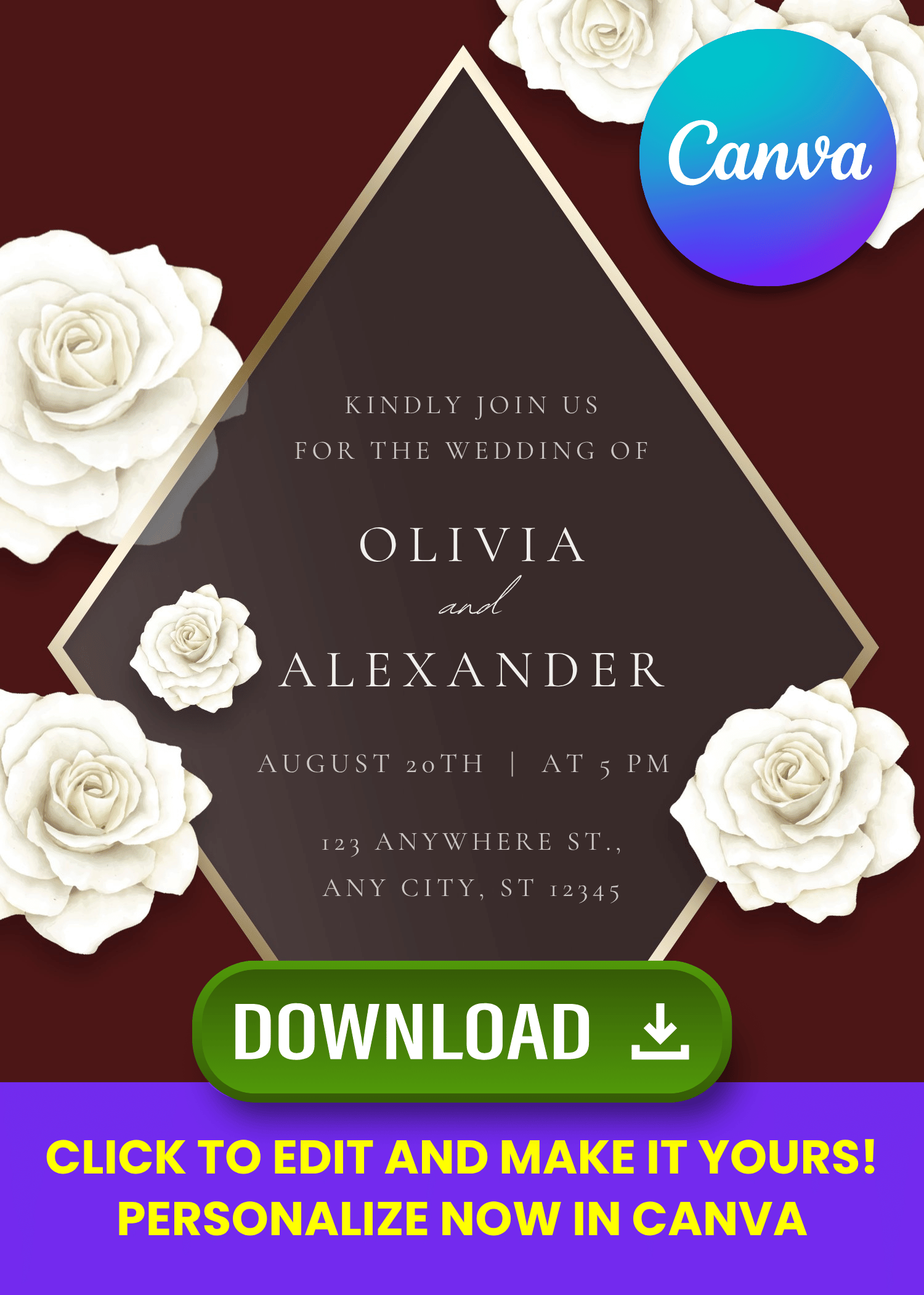 Free Editable Canva | Eternal Rose Wedding Invitation with Gold Frame and Burgundy Background | Instant Download