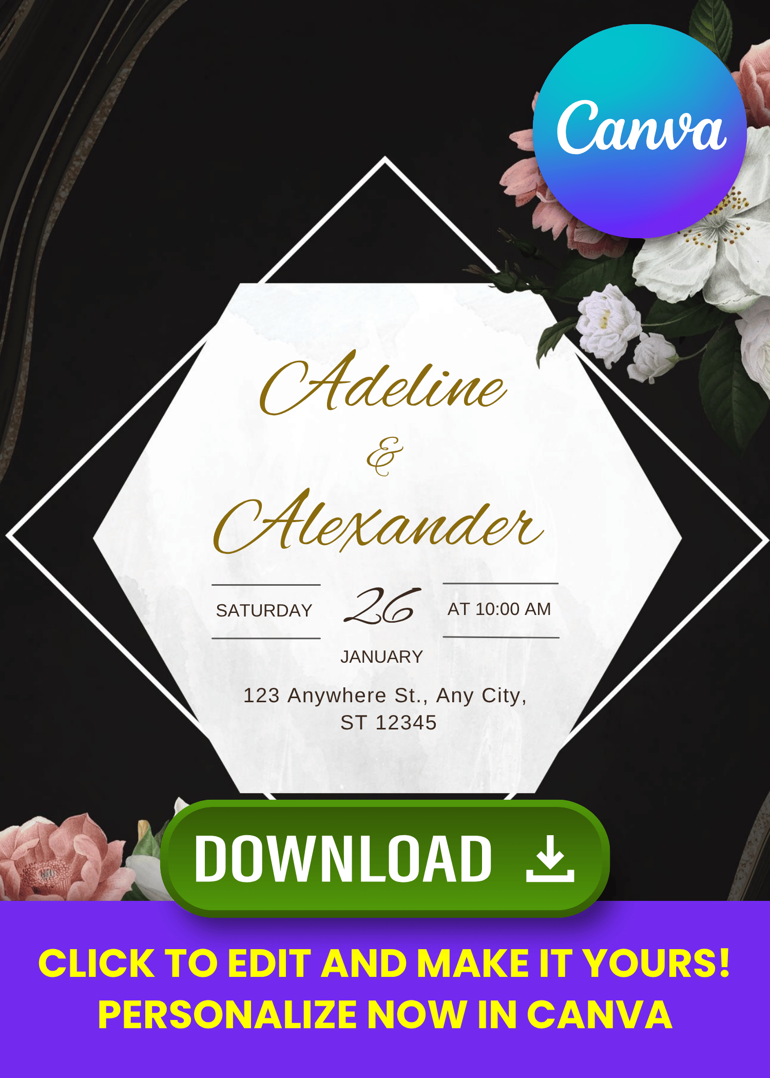 Free Editable Canva Elegant Rose Noir Wedding Invitation