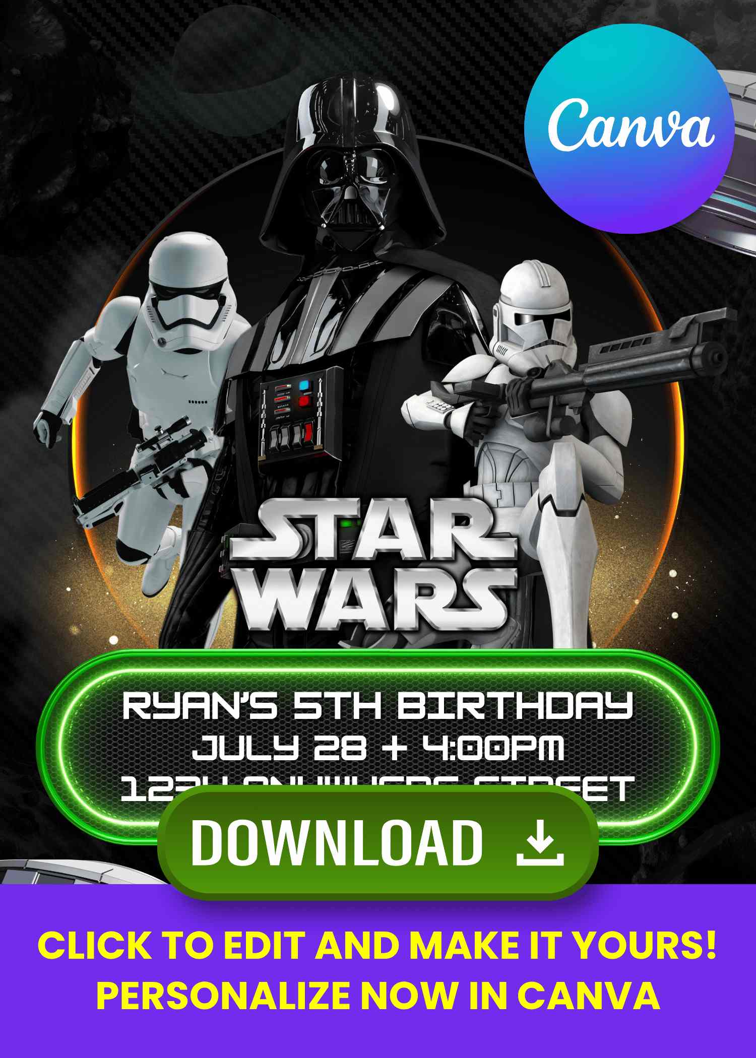 Free Editable Canva | Skywalker Saga Star Wars Birthday Invitation | Instant Download
