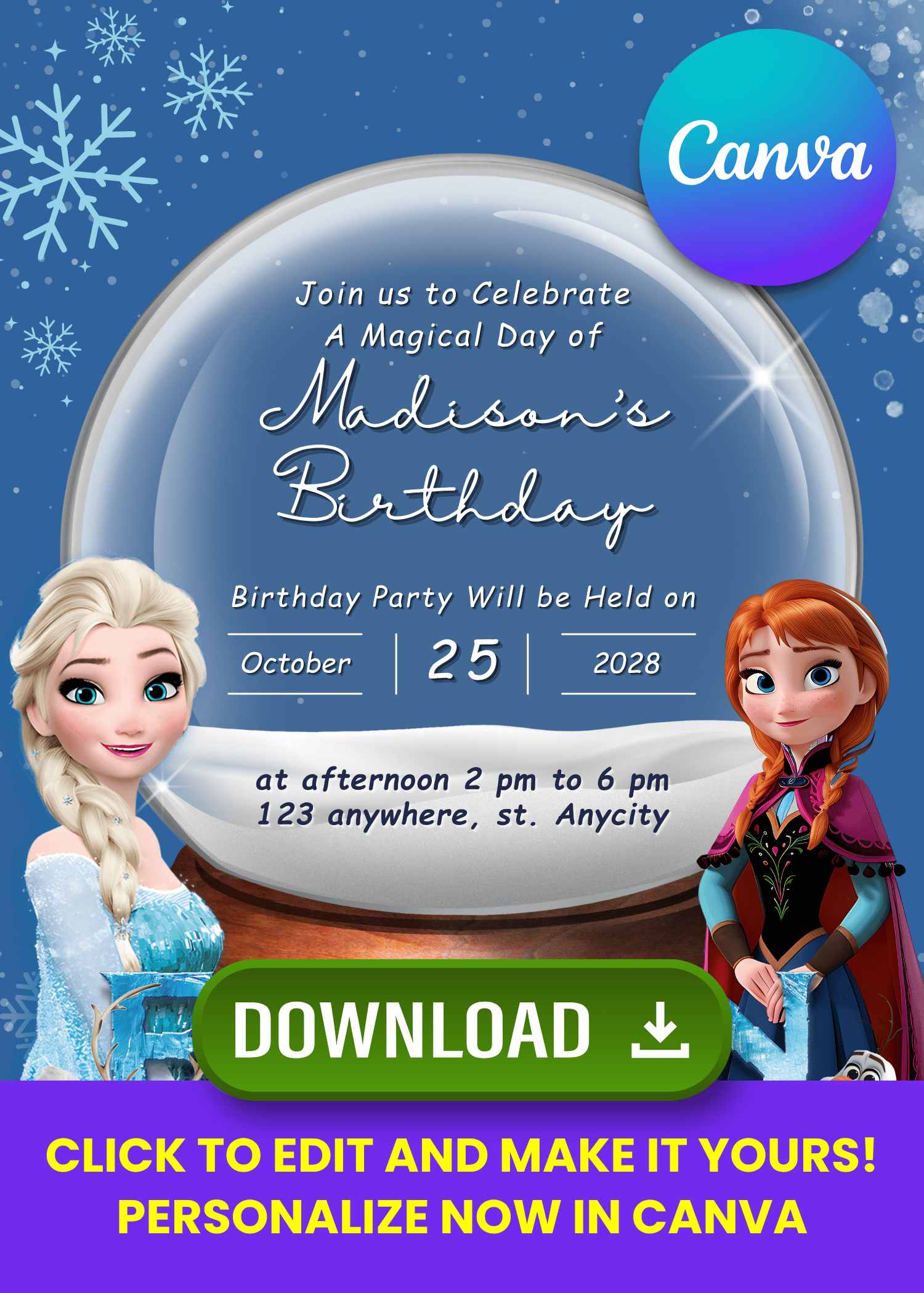 Free Editable Canva | Cute Snow Globe Frozen Birthday Invitation | Instant Download