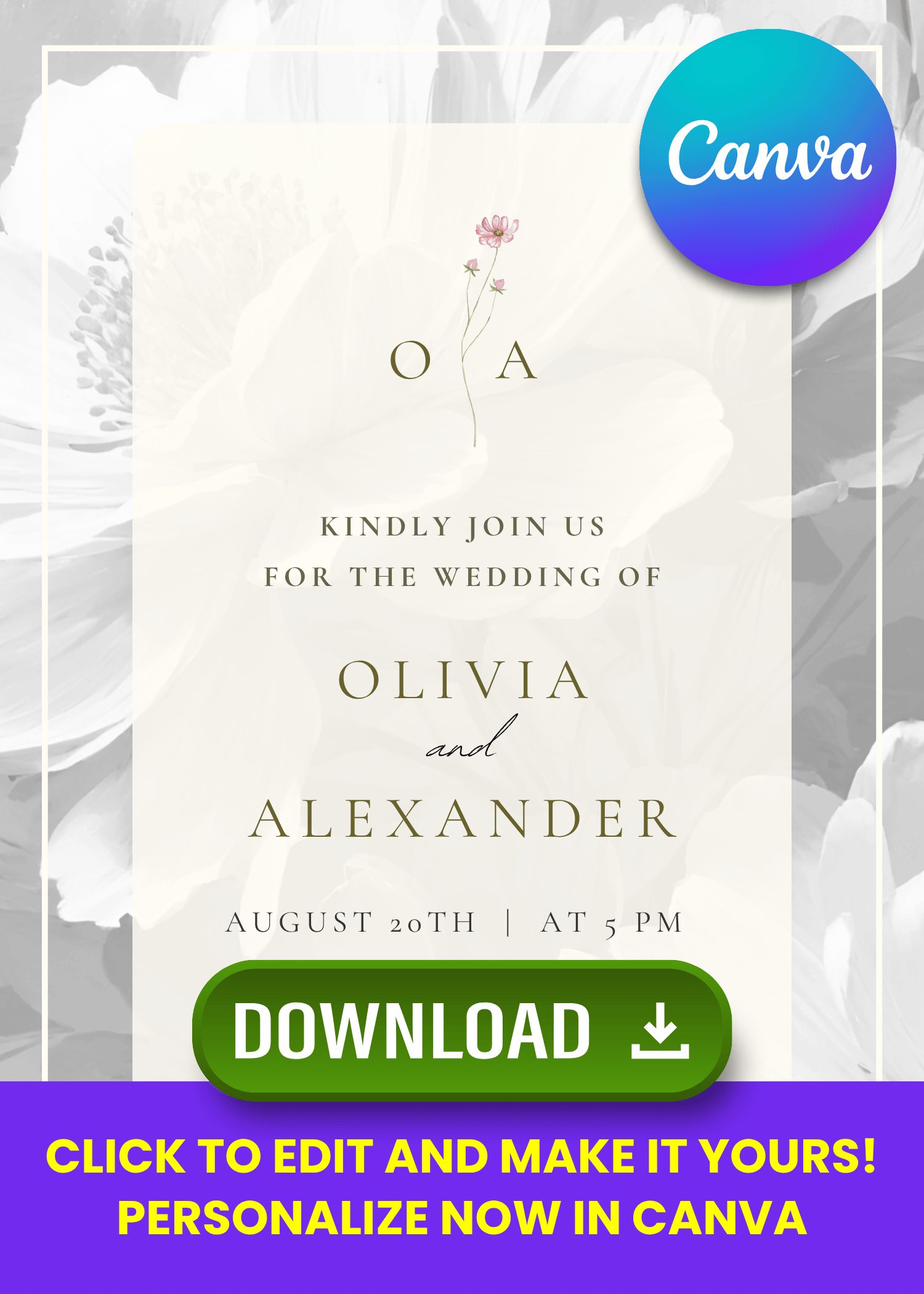 Free Printable Dreamy Spring Floral Wedding Invitation | Instant Download