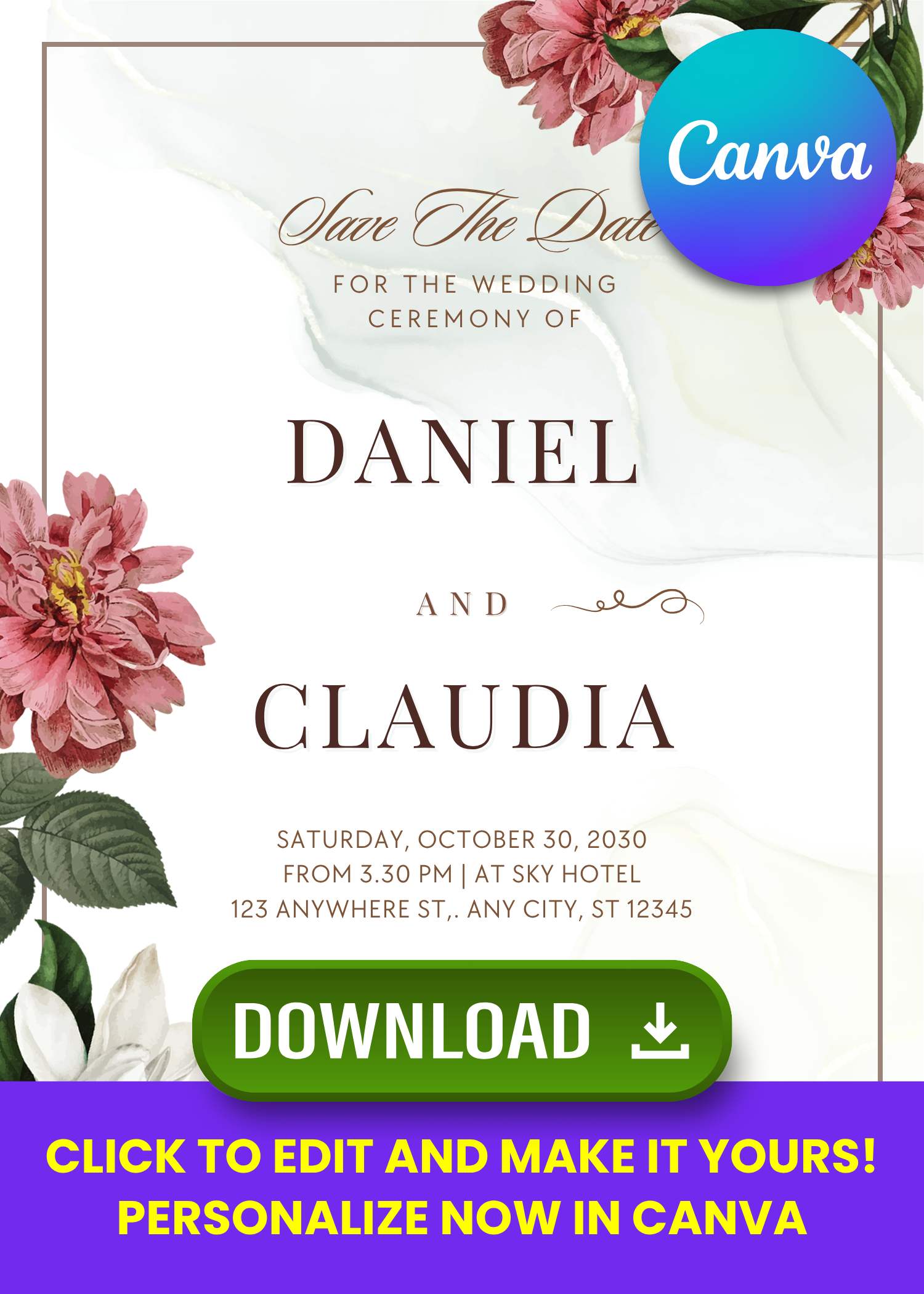 Free Editable Canva | Romantic Peony and Lily Wedding Invitation