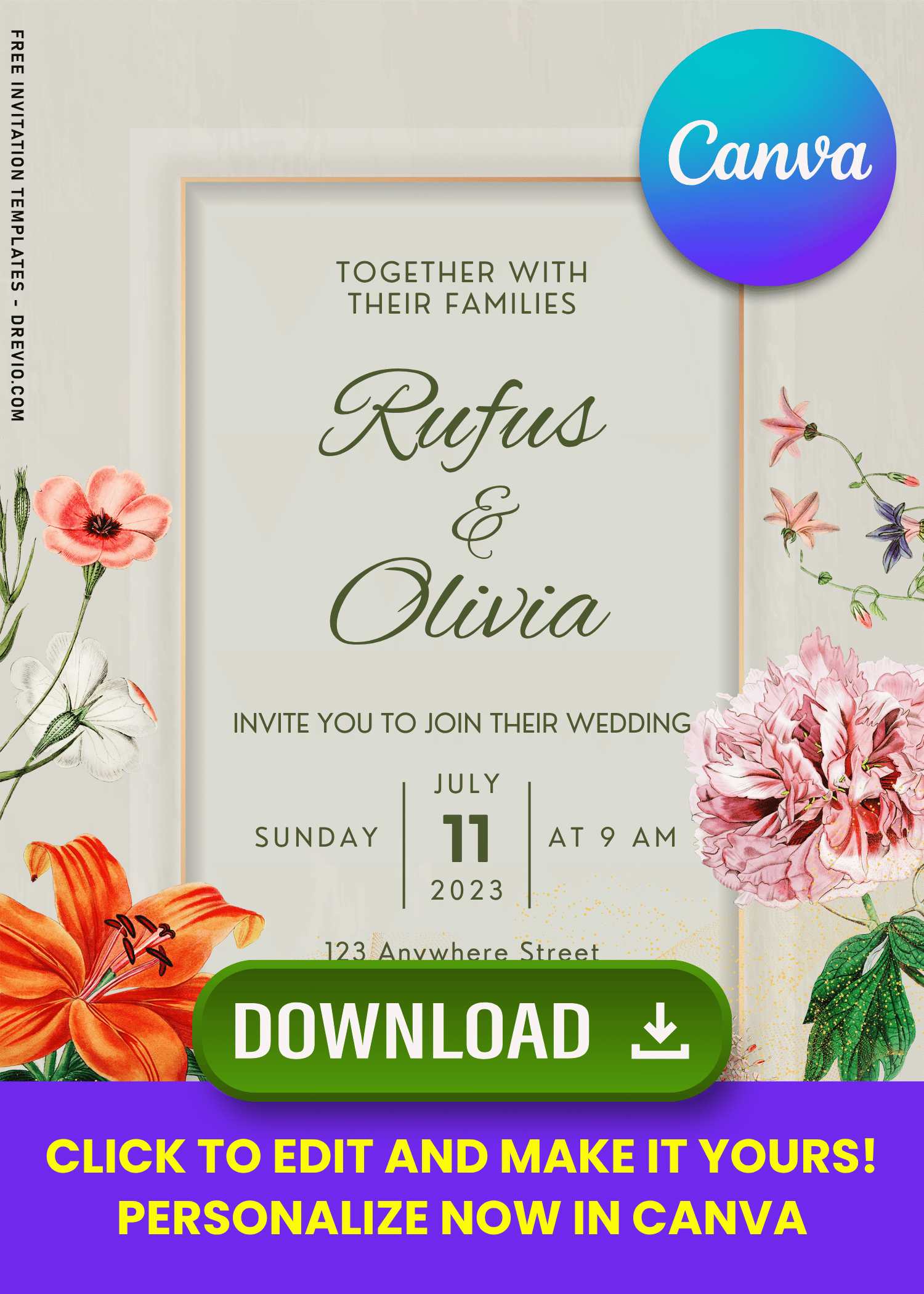 Free Editable Canva Orchid Petals & Love Notes Wedding Invite