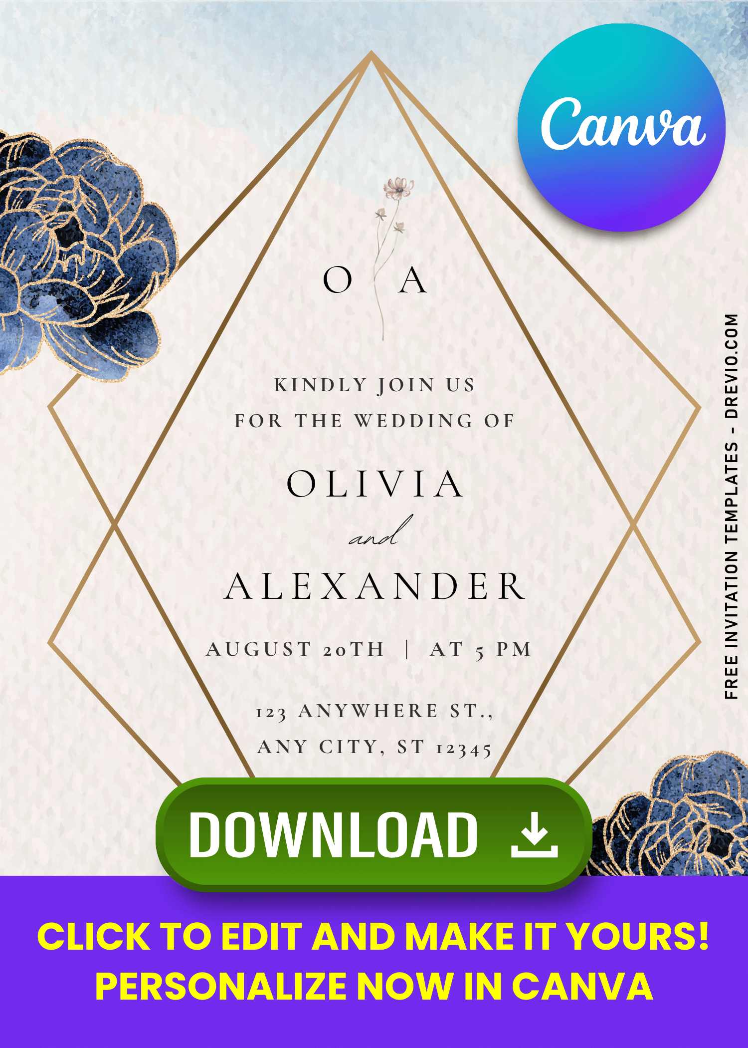 Free Editable Canva | Modern Blue Rose Wedding Invitation