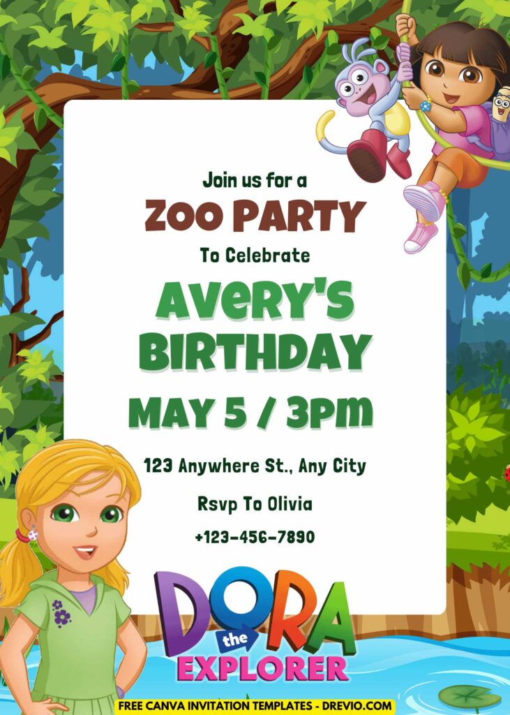 Free Editable Dora Adventure Birthday Party Invitation Templates in Canva