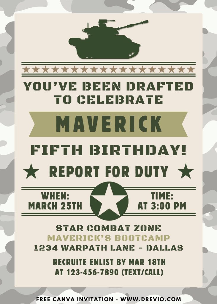 Free and Editable Mini Soldiers Kids Birthday Invitation Templates Made in Canva. Customize Online for Free
