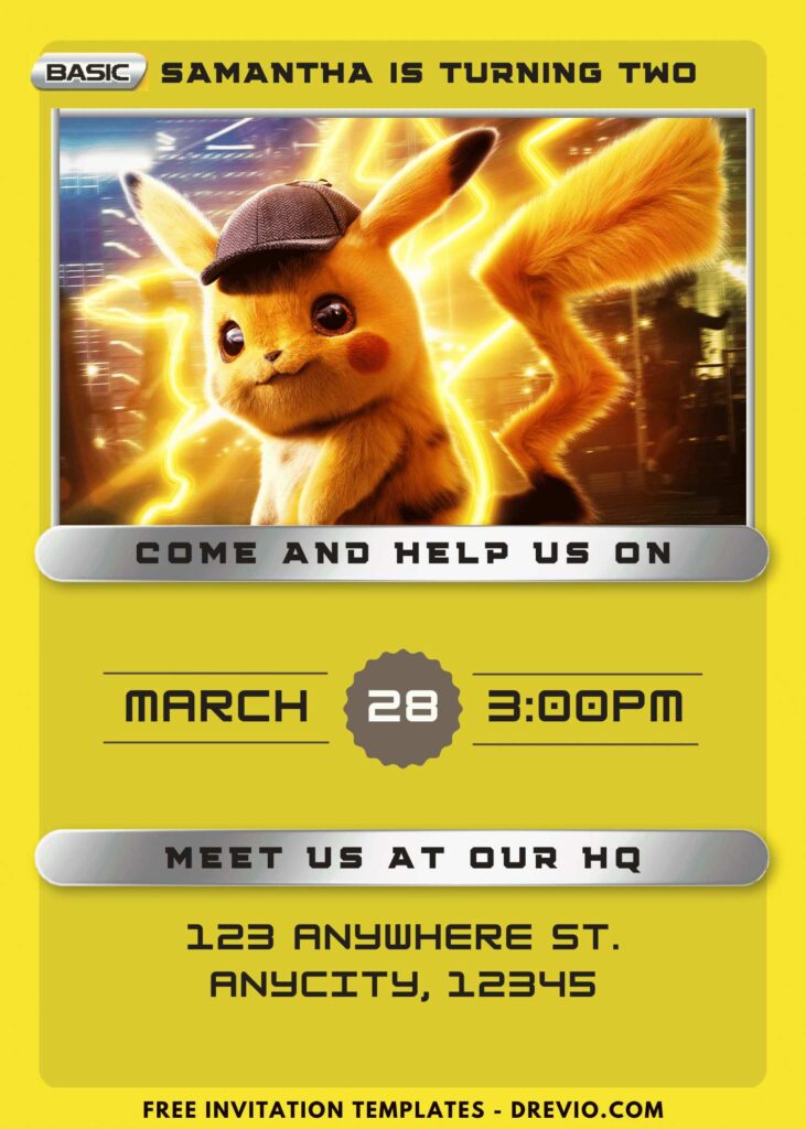 Free and Editable Detective Pikachu Birthday Invitation Templates Made in Canva. Customize Online for free
Level Up Your Party with Free Pokémon Card-Themed Birthday Invites