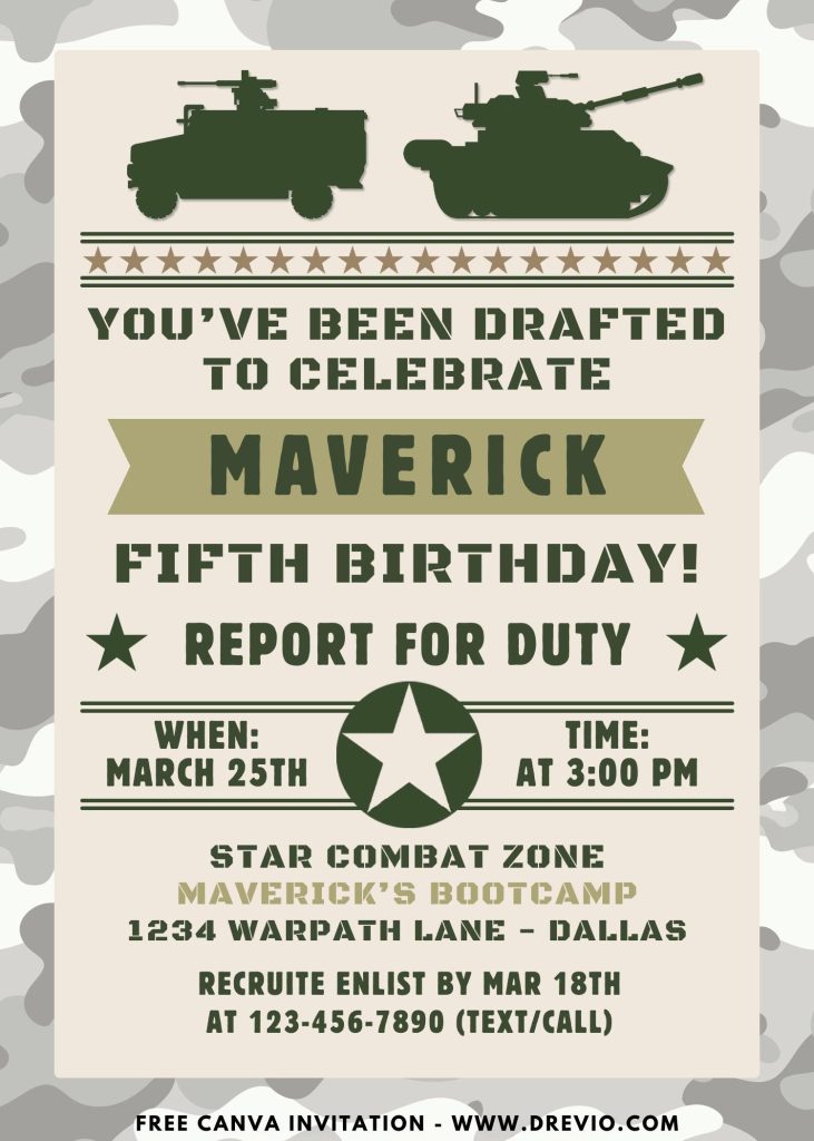 Free and Editable Little Hero Army Birthday Invitation Templates Made in Canva. Customize Online for Free