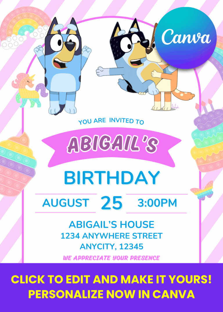 Free and Editable Bluey Invitation Templates Made in Canva. Customize Online for free Make It a Bluey Bash! Free and Editable Birthday Invites with Colorful Designs