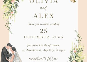 Elegant Wildflower Wedding Invite with Watercolor Wedding Couple – Free Canva Download Spring Garden Wedding Invitation Templates with Illustrated Couple – Customizable for Free