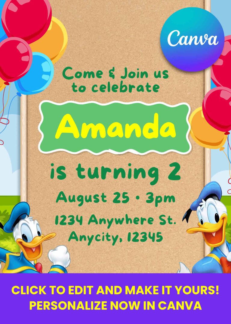 Free and Editable Donald Duck Kids Birthday Invitation Templates Made in Canva. Customize Online for free Free Donald Duck Birthday Invitation Templates – Editable & Adorable!