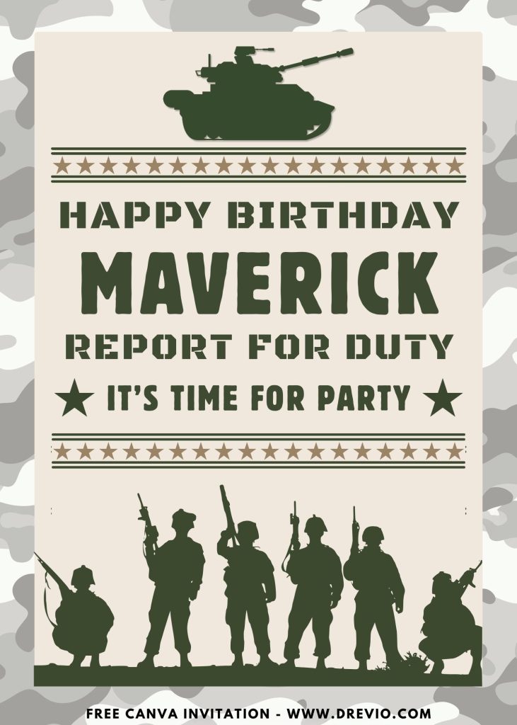 Free and Editable Cute Army Kids Birthday Party Backdrop Templates Made in Canva. Customize Online for Free