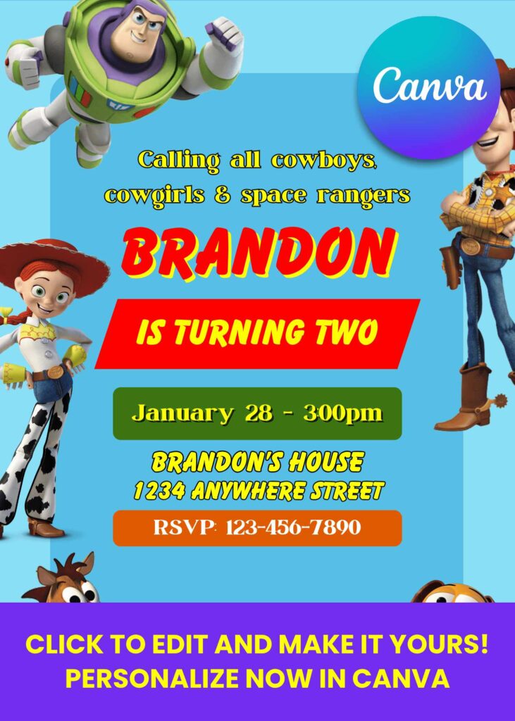 Ride into Fun: Toy Story Free Birthday Invitations Made in Canva
Yeehaw! Free Toy Story Invitation Templates for Your Kid’s Big Day
