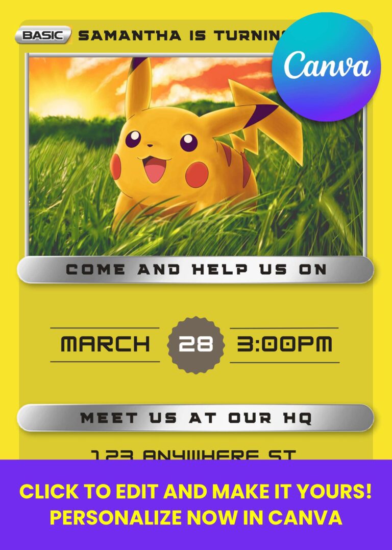 Gotta Catch This Party! Free Pokémon Card Birthday Invitations to Customize Now Custom Pokémon Card Invitation Templates – Free Editable Canva Designs!