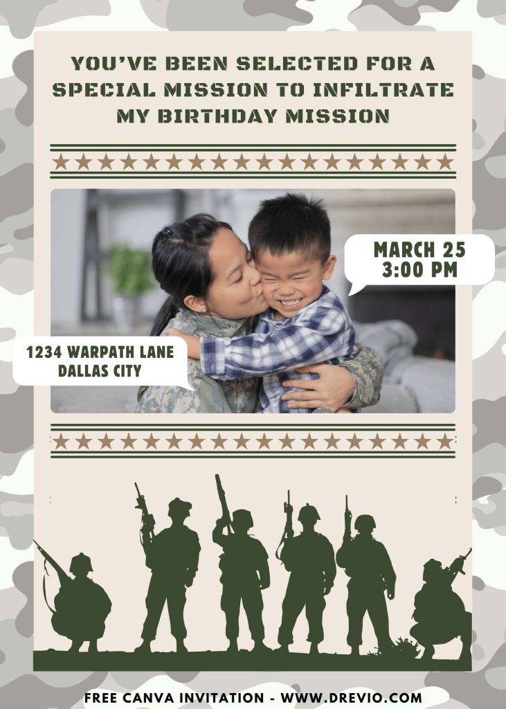 Free and Editable Cute Army Kids Birthday Flyer Templates Made in Canva. Customize Online for Free