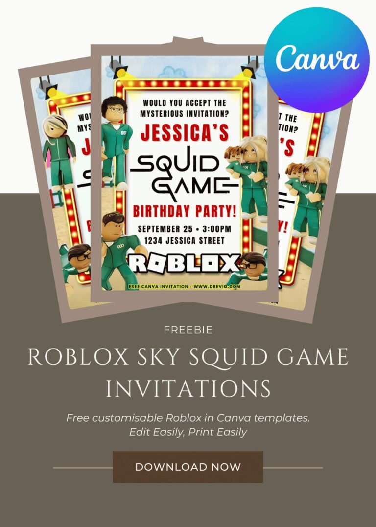 Free and Editable Roblox Squid Game Birthday Invitation Templates Made in Canva. Customize Online for Free