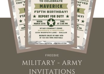 Free and Editable Cool Army Adventure Kids Birthday Invitation Templates Made in Canva. Customize Online for Free