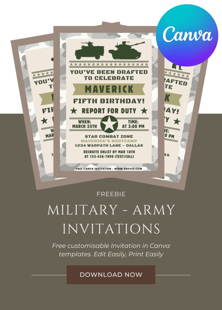 Free and Editable Cool Army Adventure Kids Birthday Invitation Templates Made in Canva. Customize Online for Free