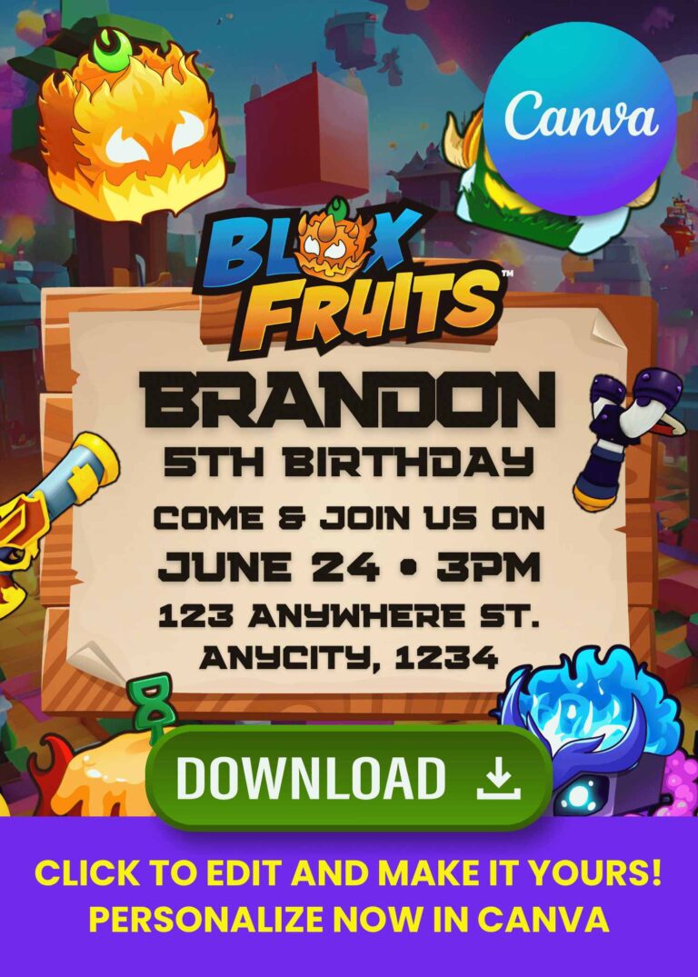 Free Printable Roblox Blox Fruits Birthday Invites You Can Edit in Canva