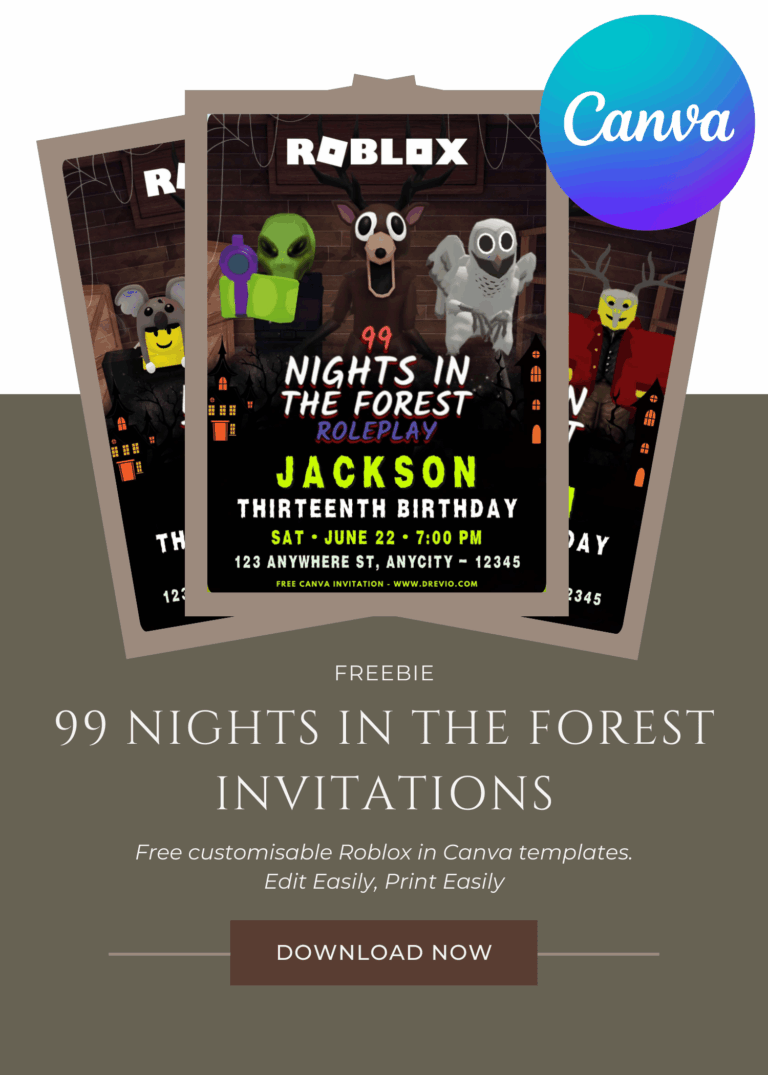 Free and Editable Roblox 99 Nights in the Forest Birthday Invitation Templates – Made in Canva, Easy to Customize Online