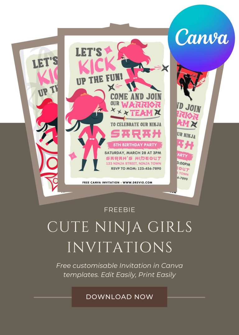 Free and Editable Cute Kick Up The Fun Ninja Girl Birthday Invitation Templates Made in Canva. Customize Online for Free