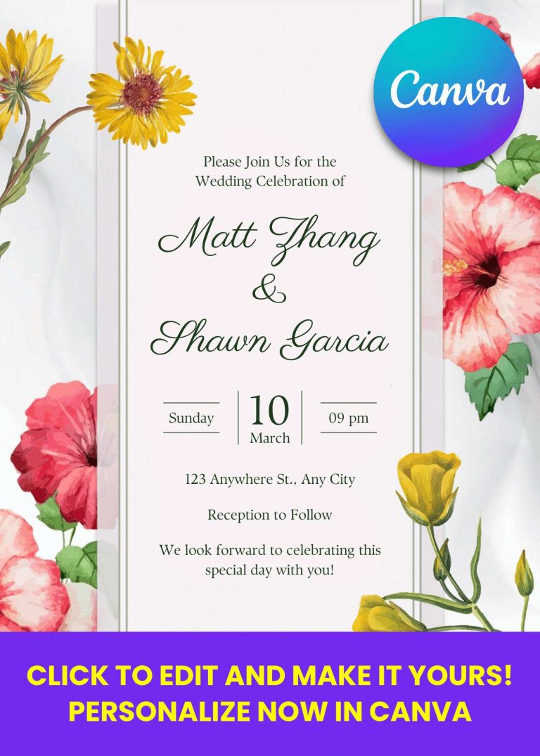 Free and Editable Hawaiian Hibiscus Wedding Invitation Templates Made in Canva. Customize Online for free