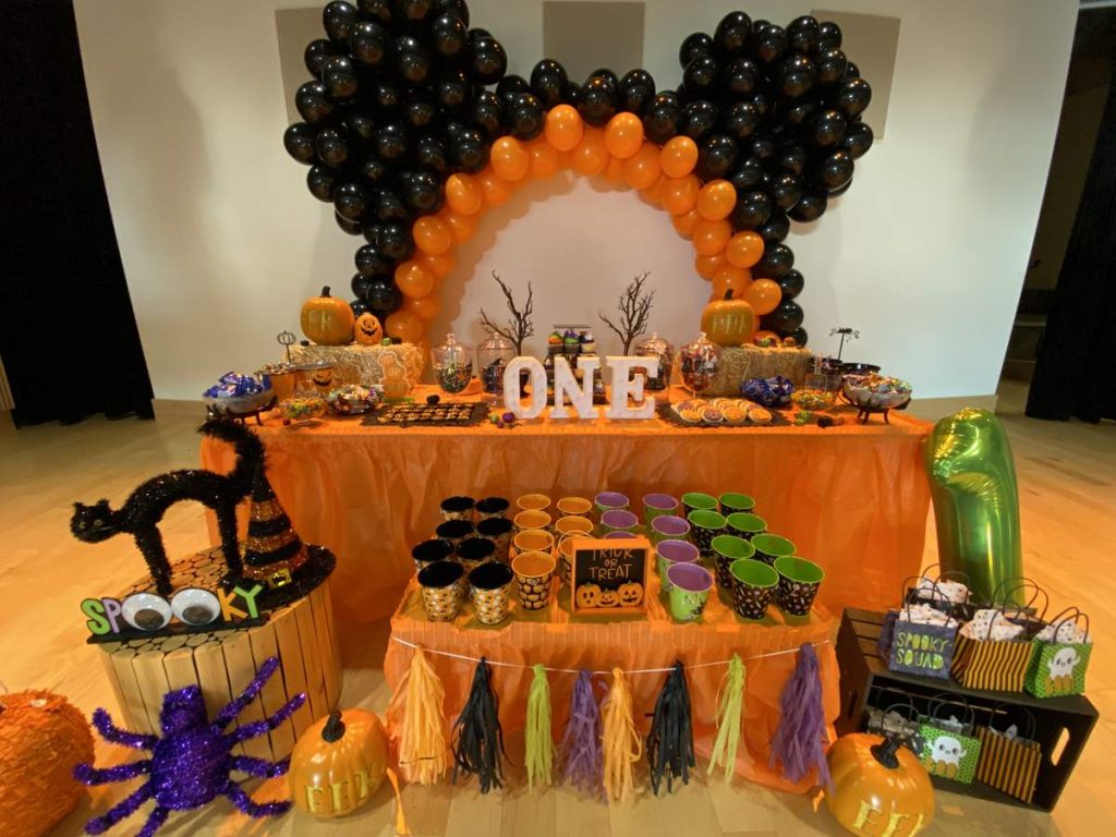 Adorable Mickey Mouse Halloween Birthday Party Decor with giant Mickey Ears Balloon backdrop arch