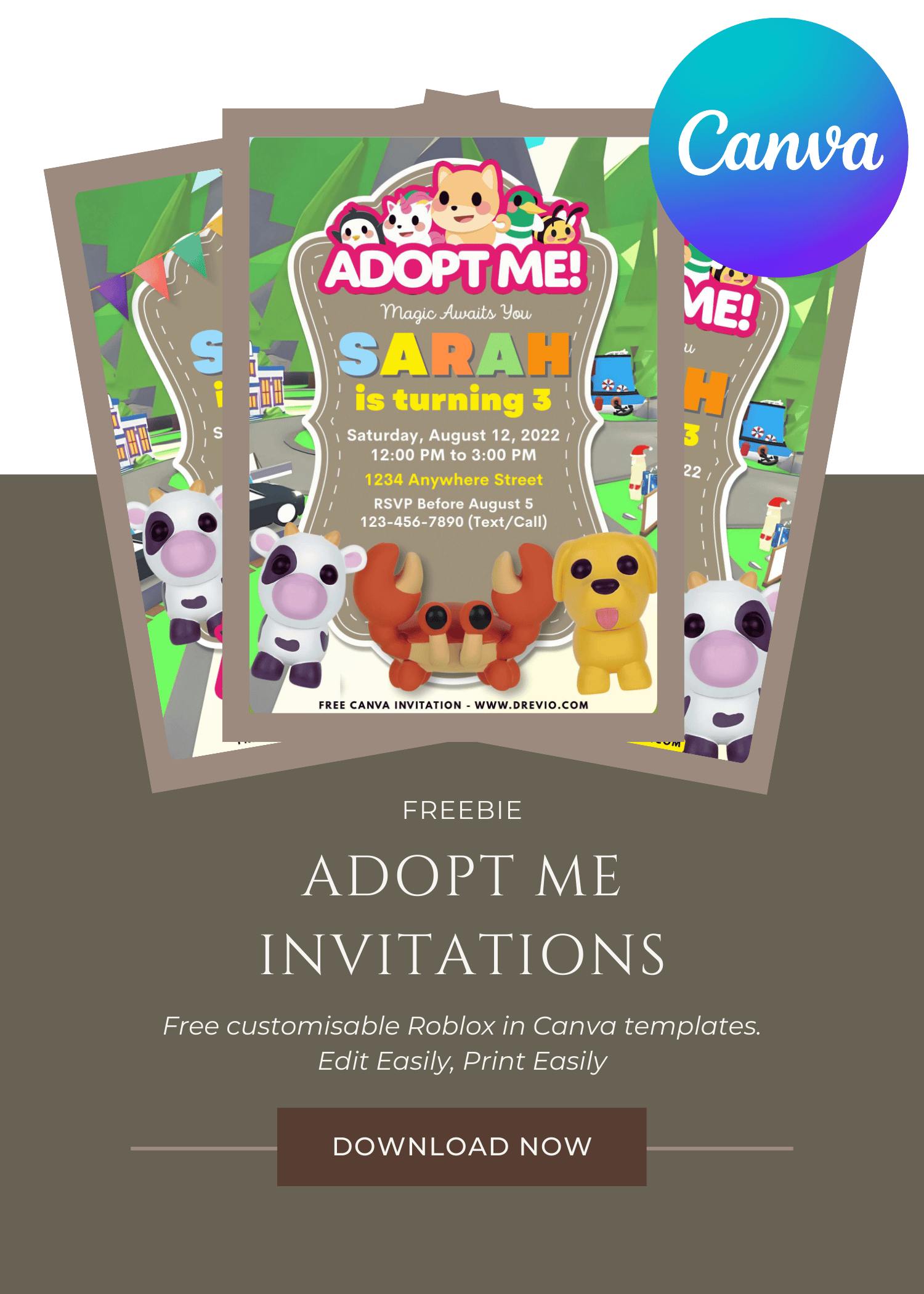 FREE Game On Roblox Adopt Me Invitation Template