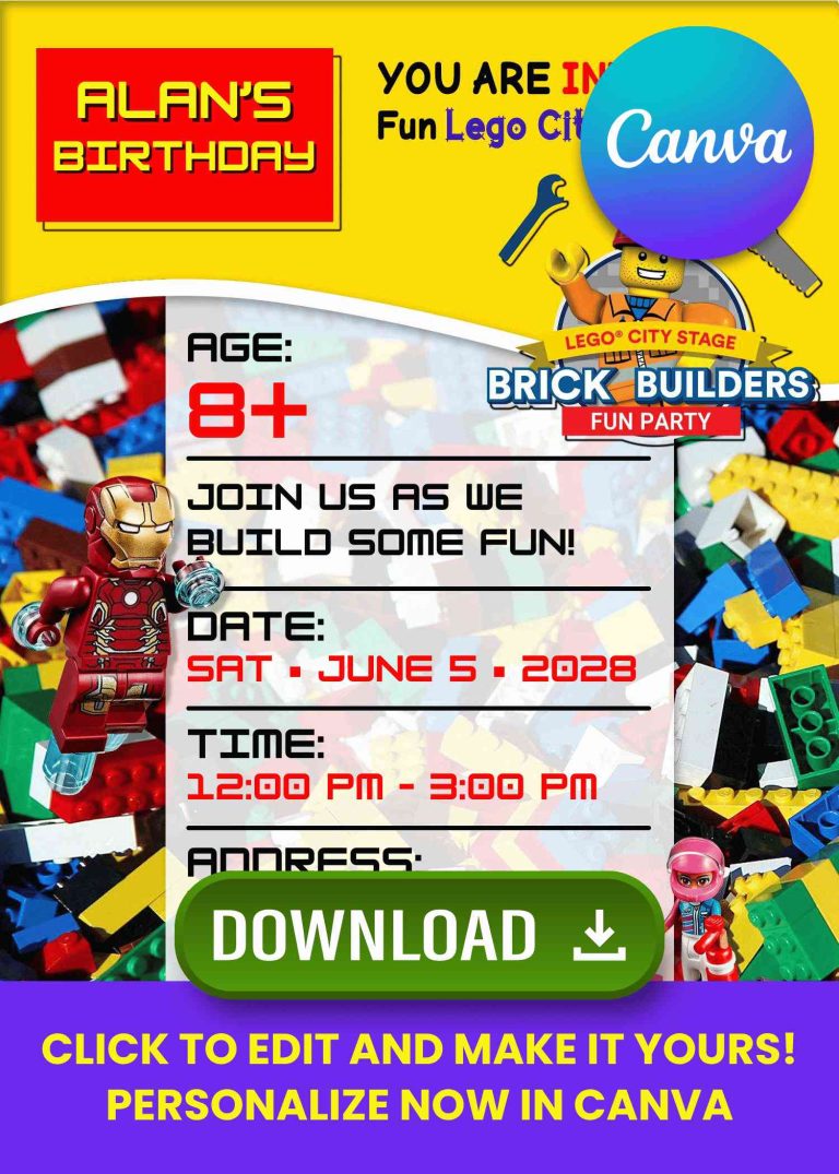 DIY Lego Bricks Party Invitation – Editable Canva Templates