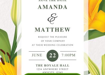 Free and Editable Minimalist Yellow Lily Wedding Invitation Templates Made in Canva. Customize Online for free