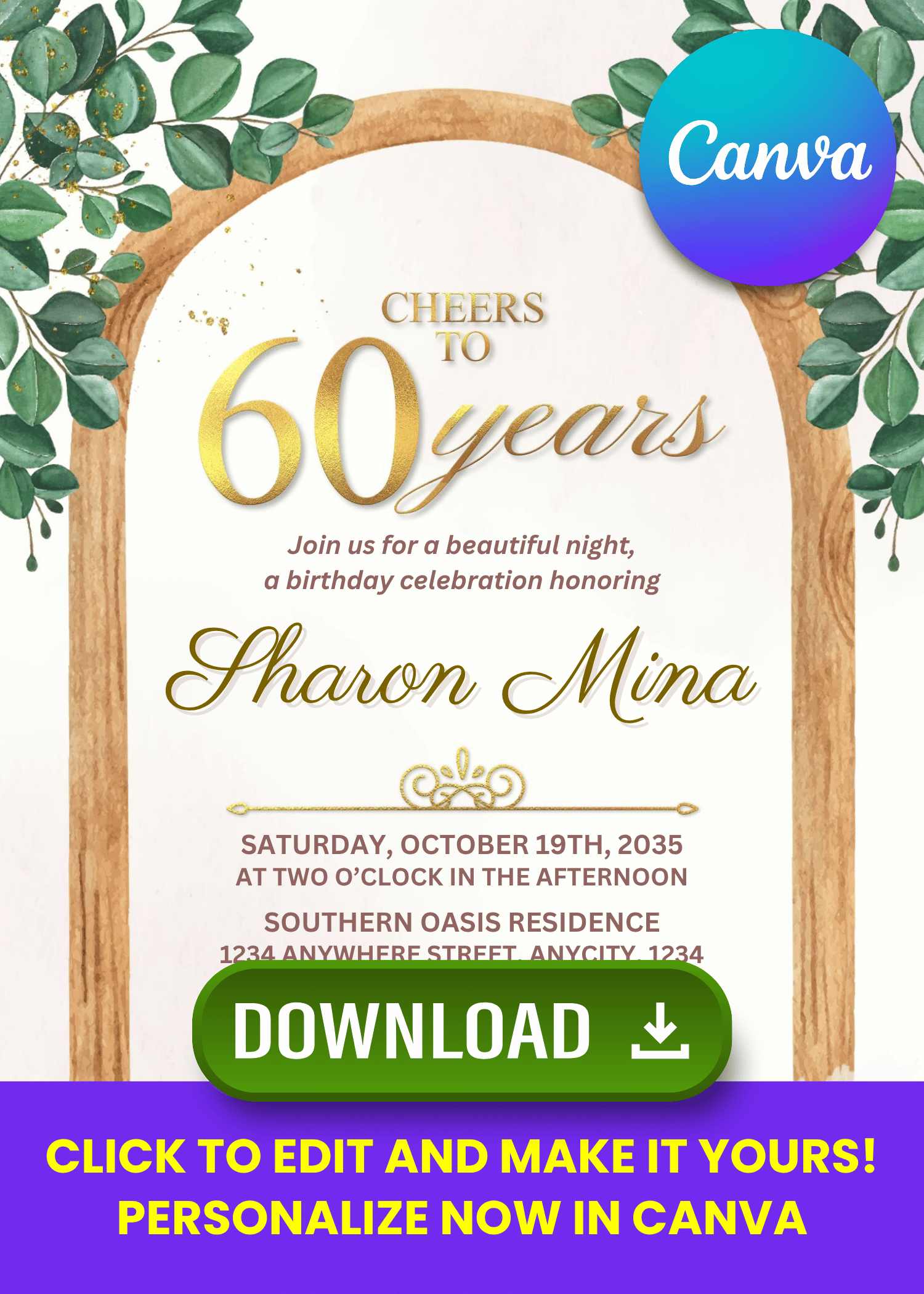 FREE Greenery 60th Birthday Invitations