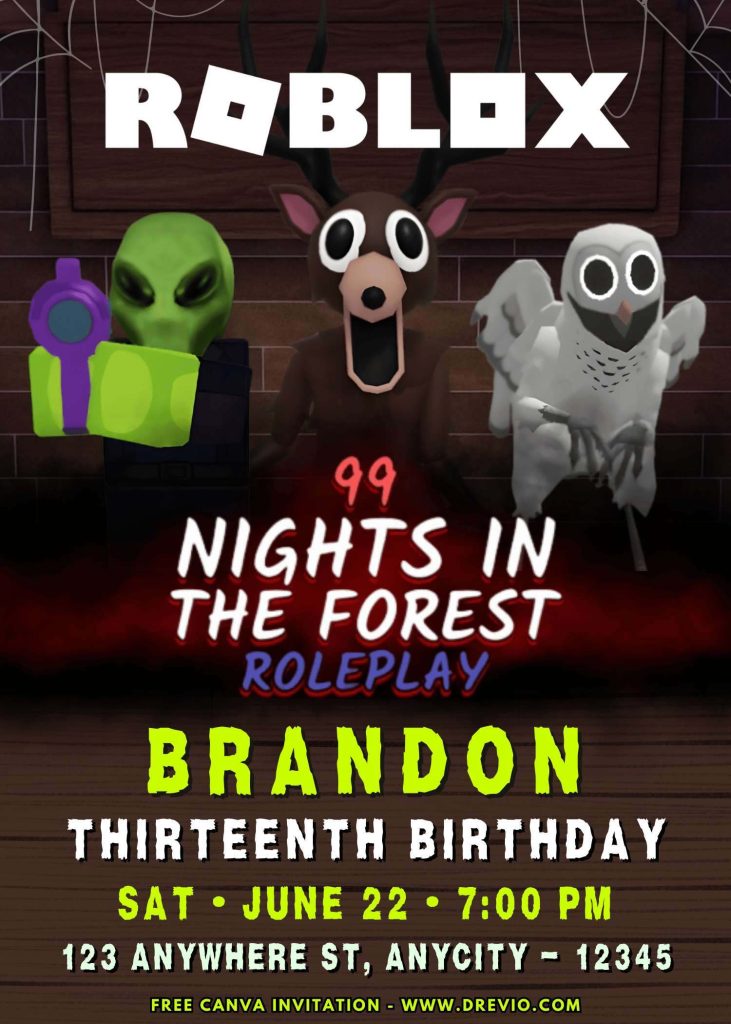 editable-roblox-99-nights-in-the-forest-birthday-invite-canva-template