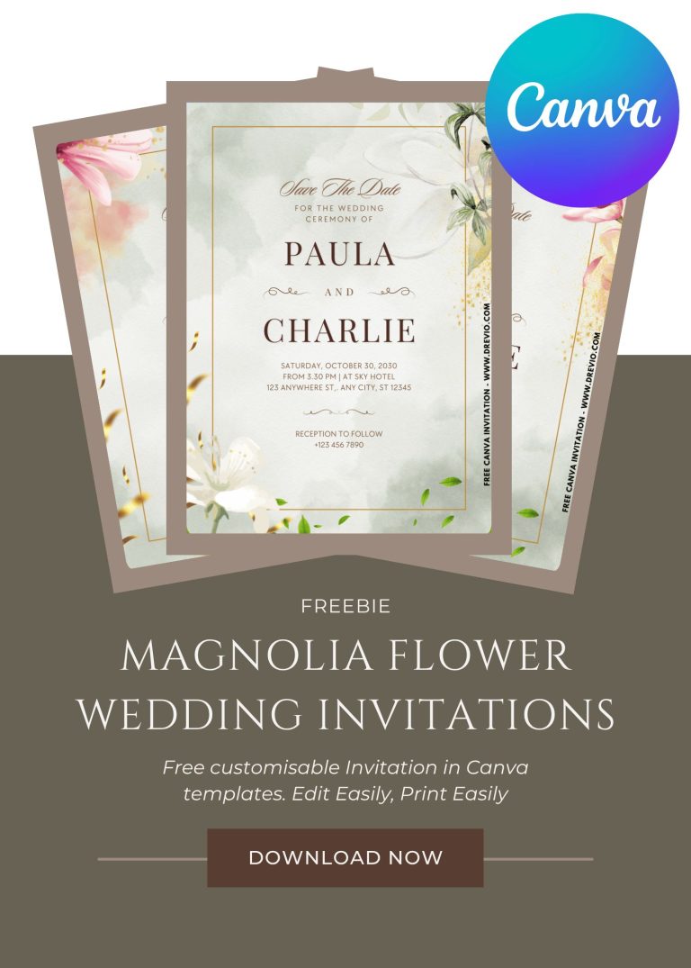 Free Printable Southern Magnolia Floral Wedding Invitation Templates Made in Canva